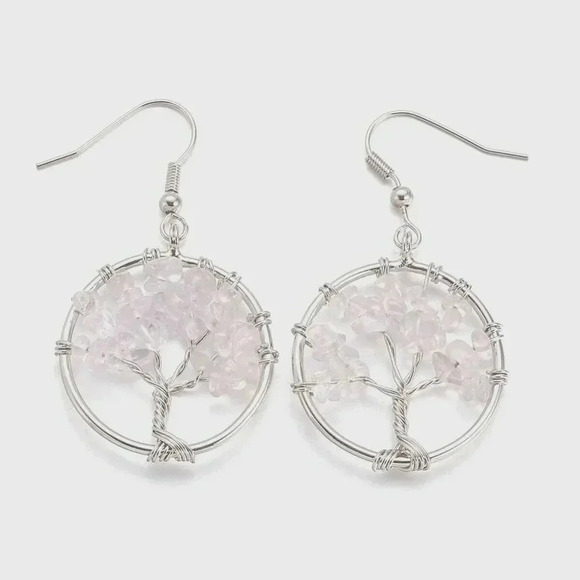 Silver Platinum Plated Quartz Crystal Tree of Life Gemstone Bead Dangle Earrings - Picture 1 of 1